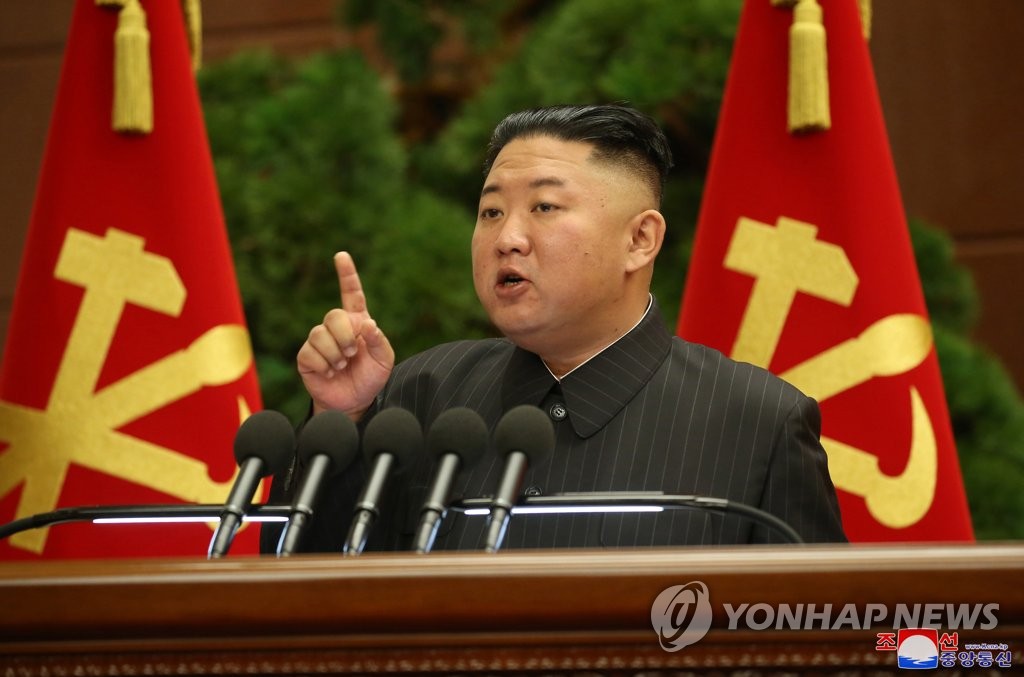 North Korean leader Kim Jong-un speaks at a politburo meeting of the ruling Workers' Party, in this photo disclosed by the North's state media on June 30, 2021. (For Use Only in the Republic of Korea. No Redistribution) (Yonhap) 