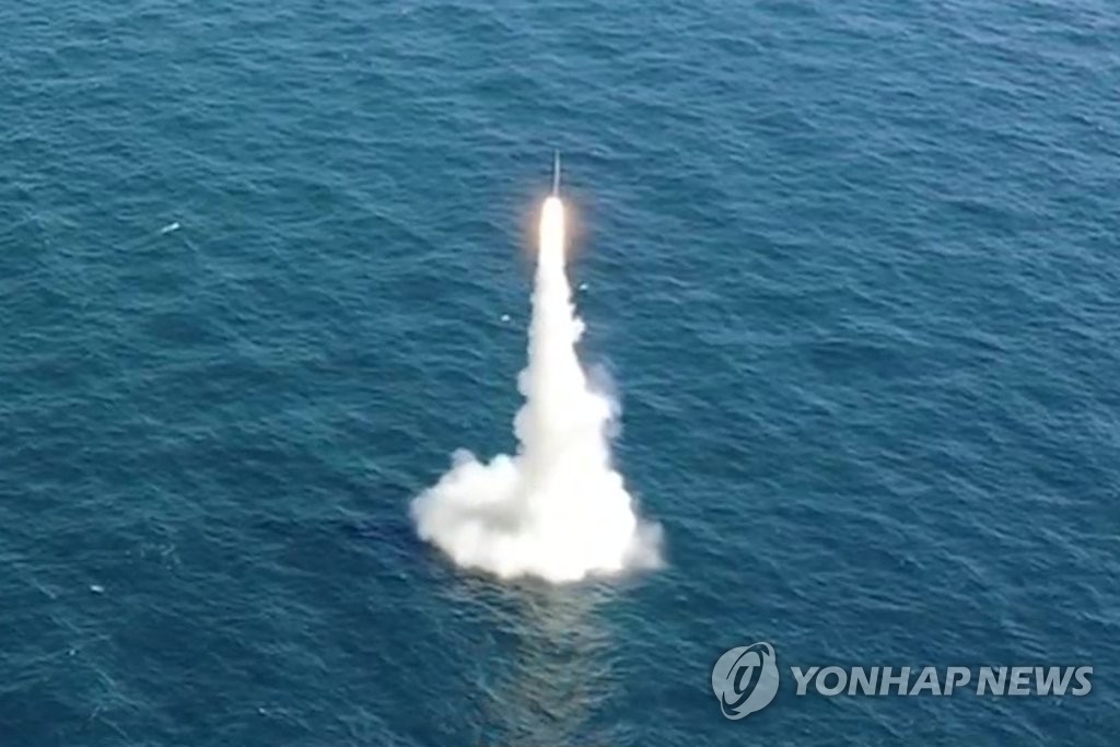 South Korea's indigenous submarine-launched ballistic missile (SLBM) is test-fired from the Navy's 3,000-ton-class Dosan Ahn Chang-ho submarine at the ADD Anheung Test Center in South Chungcheong Province on Sept. 15, 2021, in this photo provided by the Ministry of National Defense. (PHOTO NOT FOR SALE) (Yonhap)