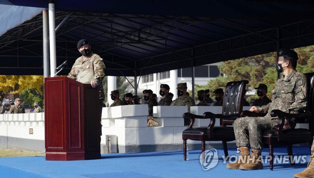 This photo, provided on Nov. 5, 2021, by the South Korea-U.S. Combined Forces Command (CFC), shows Commander Gen. Paul LaCamera speaking during a ceremony to mark the CFC's 43rd anniversary at the U.S. Army's Yongsan Garrison in Seoul on Nov. 5, 2021, in this photo provided by the command. (PHOTO NOT FOR SALE) (Yonhap)