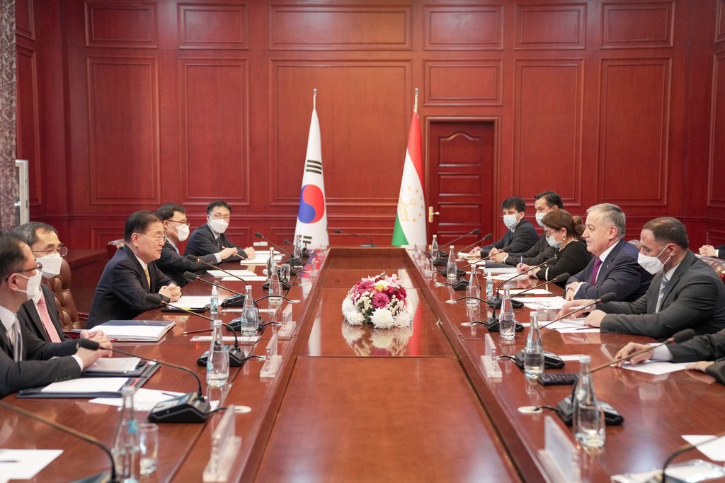 South Korean Foreign Minister Chung Eui-yong (3rd from L) holds talks with his Tajik counterpart, Sirojiddin Muhriddin, on Nov. 29, 2021, during Chung's visit to Tajikistan, in this photo released by Seoul's foreign ministry the next day. (PHOTO NOT FOR SALE) (Yonhap)
