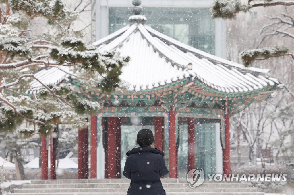 De gros flocons de neige tombe au parc Tapgol, au cœur de Séoul, le mercredi 19 janvier 2022. 