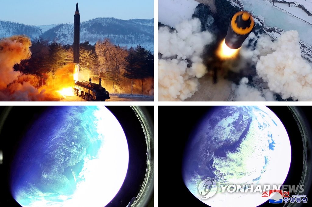 La Corée du Nord a annoncé avoir effectué le dimanche 30 janvier le tir d'essai d'un missile balistique à portée intermédiaire (IRBM) de type Hwasong-12, dans le but d'évaluer ses performances, en dévoilant les images du lancement, a rapporté l'Agence centrale de presse nord-coréenne (KCNA), le lundi 31 janvier 2022. (Utilisation en Corée du Sud uniquement et redistribution interdite)