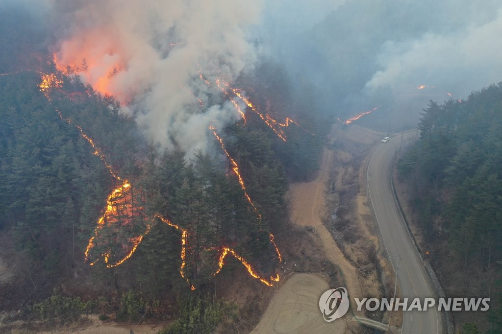 A wildfire burns in the eastern city of Samcheok, Gangwon Province, on March 5, 2022. (Yonhap)