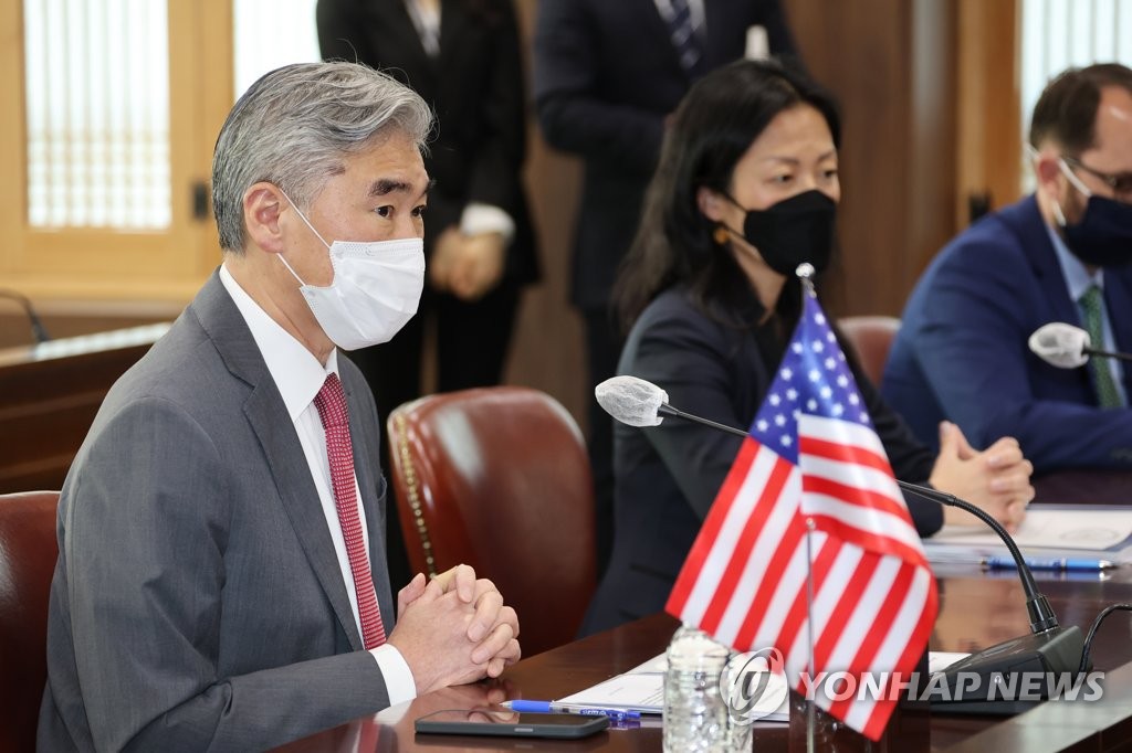 U.S. special representative for North Korea Sung Kim speaks during a meeting with his South Korean counterpart, Noh Kyu-duk at the foreign ministry in Seoul on April 18, 2022. (Yonhap)