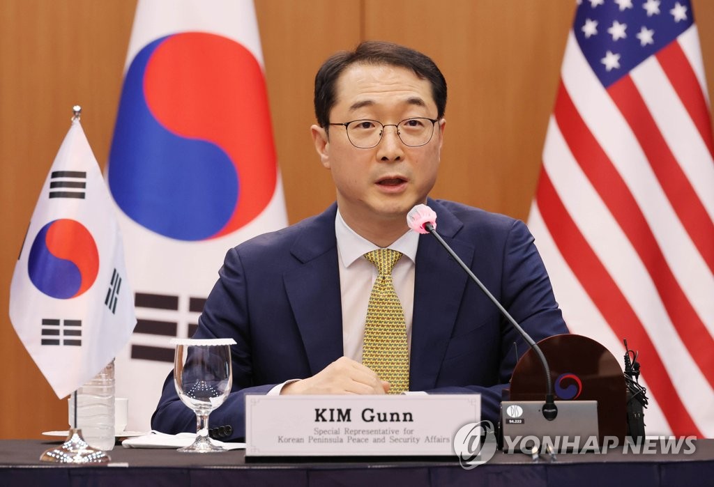 Kim Gunn, Seoul's special representative for Korean Peninsula peace and security affairs, speaks during a meeting with his American and Japanese counterparts held at the Ministry of Foreign Affairs on June 3, 2022. (Yonhap) 