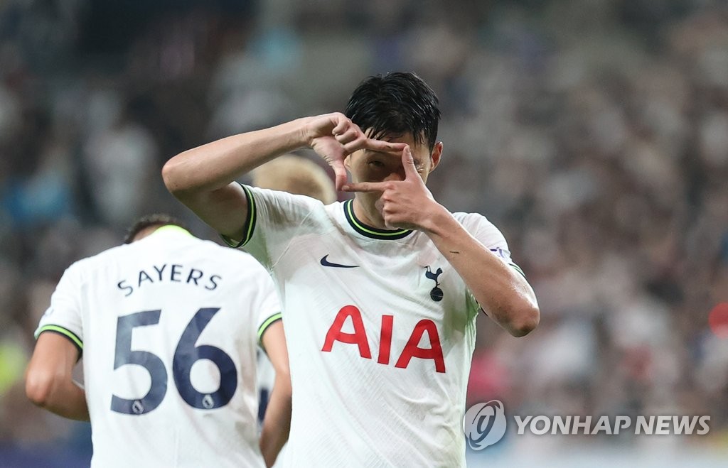 Son Heung-min of Tottenham Hotspur celebrates his goal against Team K League during the teams' exhibition match at Seoul World Cup Stadium in Seoul on July 13, 2022. (Yonhap)