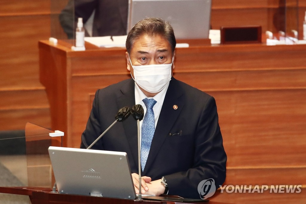 Foreign Minister Park Jin speaks at an interpellation session at the National Assembly on July 25, 2022. (Pool photo) (Yonhap)