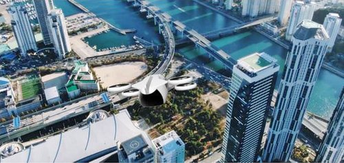 This rendered image provided by LG Uplus Corp. shows the company's envisioned urban air mobility taxi service in Busan, 450 kilometers southeast of Seoul. (PHOTO NOT FOR SALE) (Yonhap)