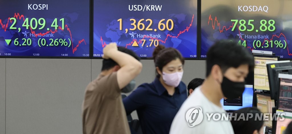 Electronic signboards at a Hana Bank dealing room in Seoul show the benchmark Korea Composite Stock Price Index (KOSPI) closed at 2,409.41 points on Sept. 2, 2022, down 6.20 points, or 0.26 percent, from the previous session's close. (Yonhap)