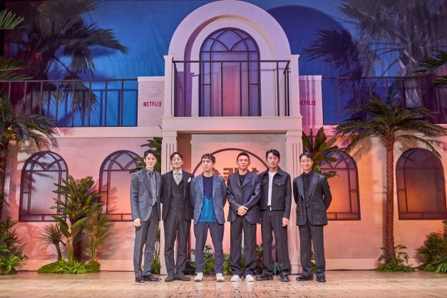 In this photo provided by Netflix, the cast of "Narco--Saints" poses for a photo during a press conference in Seoul on Sept. 7, 2022. (PHOTO NOT FOR SALE) (Yonhap)