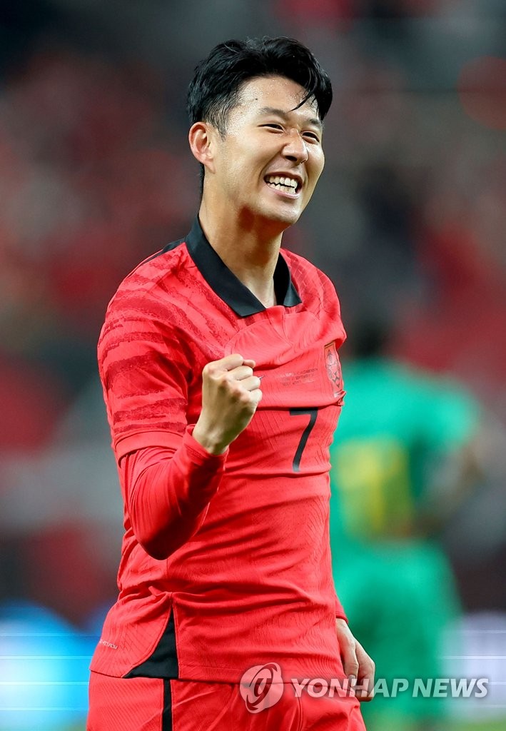 In this file photo from Sept. 27, 2022, Son Heung-min of South Korea celebrates his goal against Cameroon in a football friendly match at Seoul World Cup Stadium in Seoul. (Yonhap)