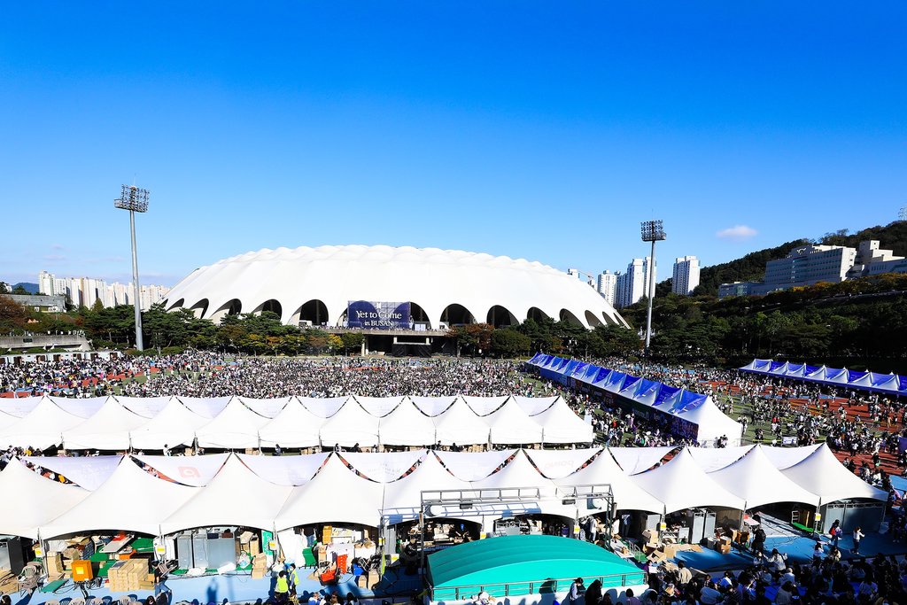 The vicinity of the Busan Asiad Main Stadium is crowded with fans waiting to enter the stadium for K-pop superstar BTS' concert on Oct. 15, 2022, in this photo provided by Big Hit Music. (Yonhap)