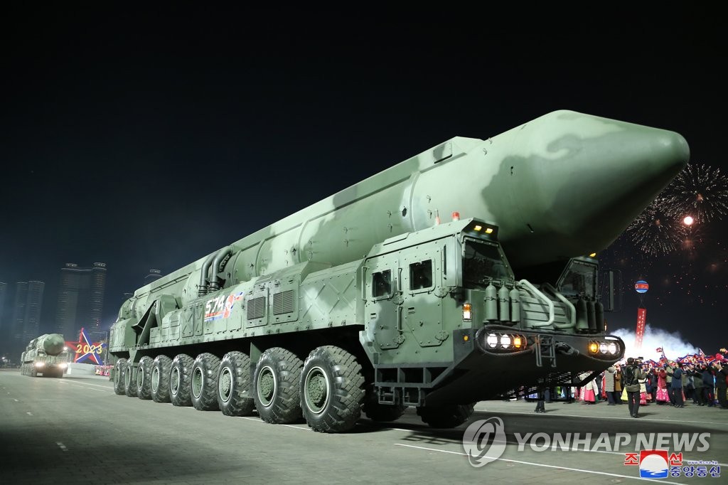 This photo, carried by North Korea's official Korean Central News Agency on Feb. 9, 2023, shows a suspected solid-fuel intercontinental ballistic missile (ICBM) showcased at a military parade in Pyongyang the previous day to mark the 75th founding anniversary of the North's armed forces. (For Use Only in the Republic of Korea. No Redistribution) (Yonhap)