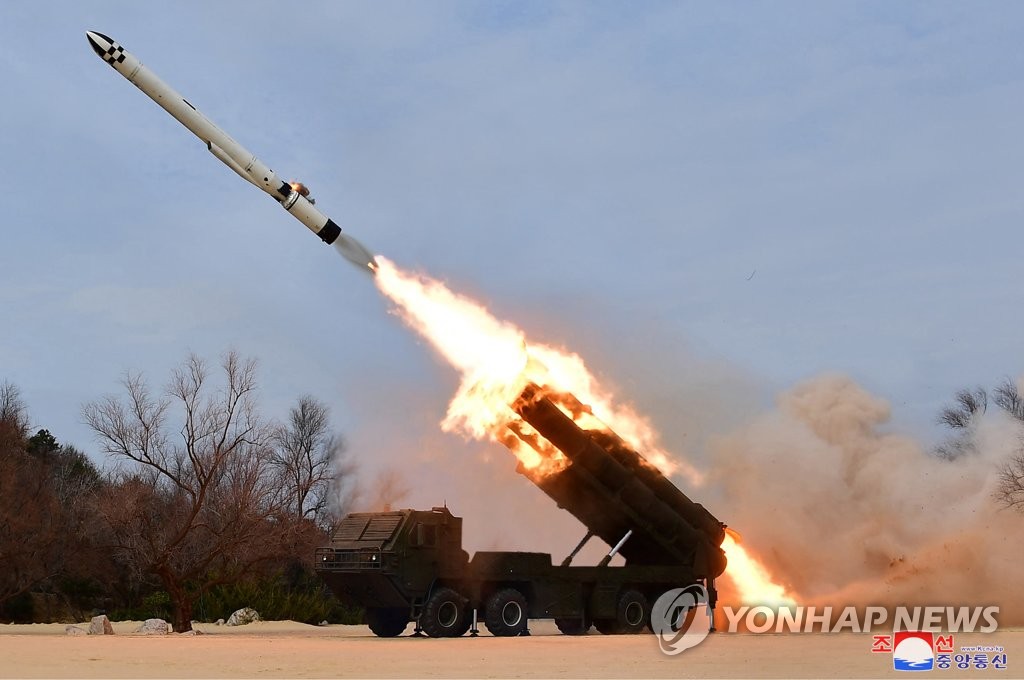 A strategic cruise missile of North Korea is launched in South Hamgyong Province on March 22, 2023, in this photo released on March 24 by the North's official Korean Central News Agency (KCNA). The KCNA said two "Hwasal-1" strategic cruise missiles" and two "Hwasal-2" strategic cruise missiles accurately hit a target in the East Sea. North Korea conducted a new underwater nuclear strategic weapon test and cruise missile exercise guided by leader Kim Jong-un from March 21-23. (For Use Only in the Republic of Korea. No Redistribution) (Yonhap)