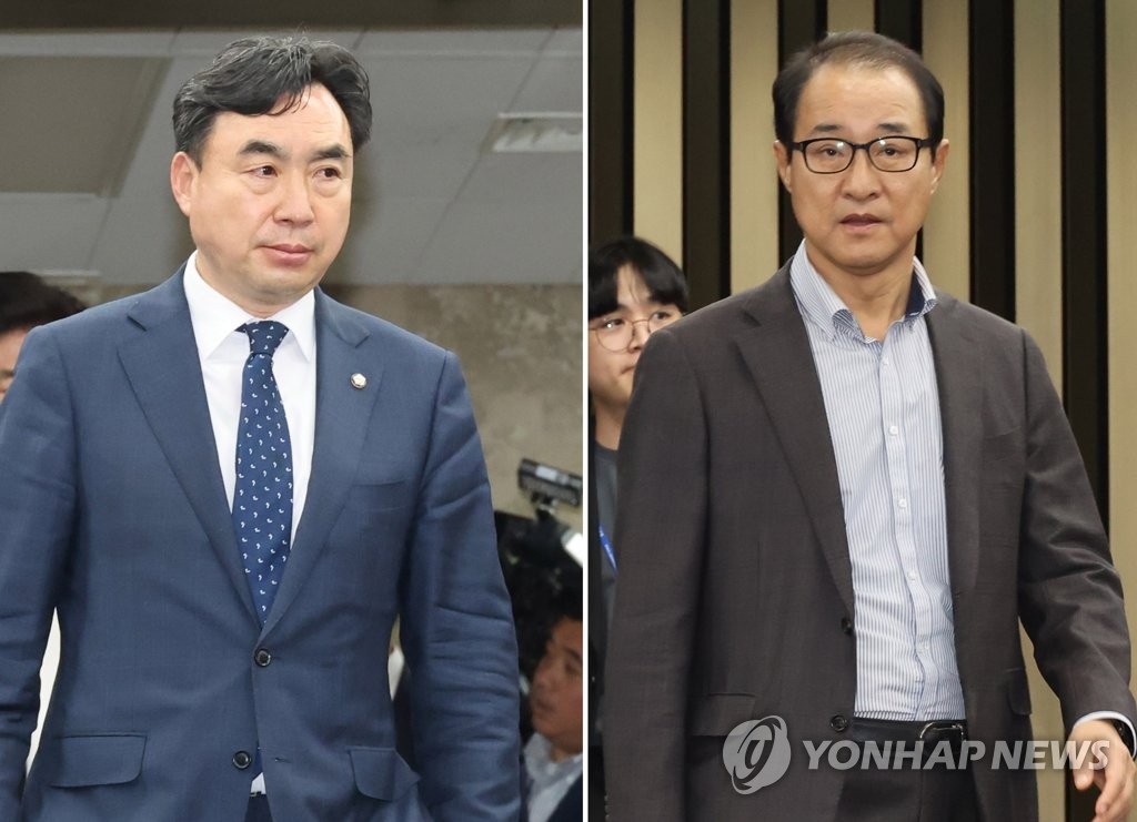 This combined file photo, taken May 3, 2023, shows Youn Kwan-suk (L) and Lee Sung-man, lawmakers of the main opposition Democratic Party (DP), attending a general meeting of the party's lawmakers at the National Assembly in Seoul. The two lawmakers, accused of involvement in a political funding scandal, said the same day they will voluntarily leave the party. (Yonhap)