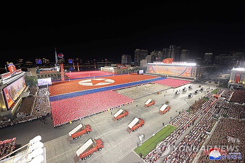 This Sept. 9, 2023, file photo, released by the North&apos;s Korean Central News Agency, shows a nighttime military parade marking the North&apos;s 75th state founding anniversary taking place in Pyongyang. (For Use Only in the Republic of Korea. No Redistribution) (Yonhap)