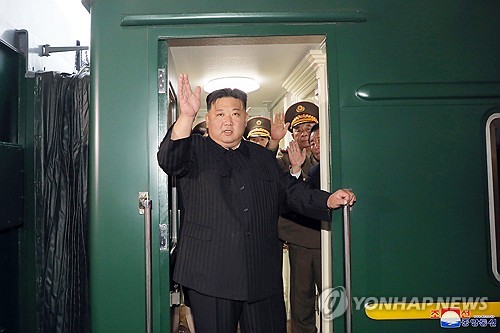 This photo, carried by North Korea's official Korean Central News Agency on Sept. 12, 2023, shows the North's leader Kim Jong-un leaving Pyongyang for a trip to Russia on his special train. (For Use Only in the Republic of Korea. No Redistribution) (Yonhap)