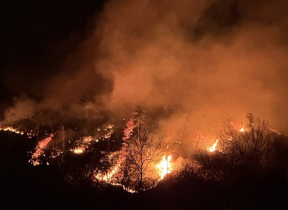 Esta foto del 21 de marzo de 2025, proporcionada por el Servicio Forestal de Corea, muestra un incendio forestal que estalló en el sureste del condado de Sancheong. (Foto no a la venta) (Yonhap)